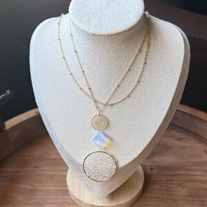 Gold Layered Necklace with Iridescent Cube and Crystal Disk